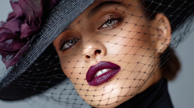 Elegant Portrait of a Beautiful Woman with Bold Makeup and Stylish Hat, Featuring Dark Lipstick and Delicate Veil, Perfect for Fashion and Beauty Themes