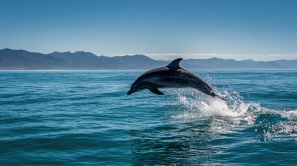Obraz premium Playful dolphin leaps energetically from the shimmering ocean surface under a clear blue sky with distant mountains