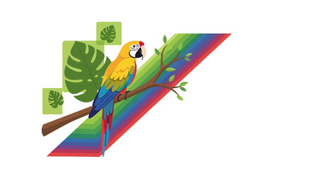 Fototapeta premium A colorful parrot perched on a branch with vibrant leaves and a rainbow background
