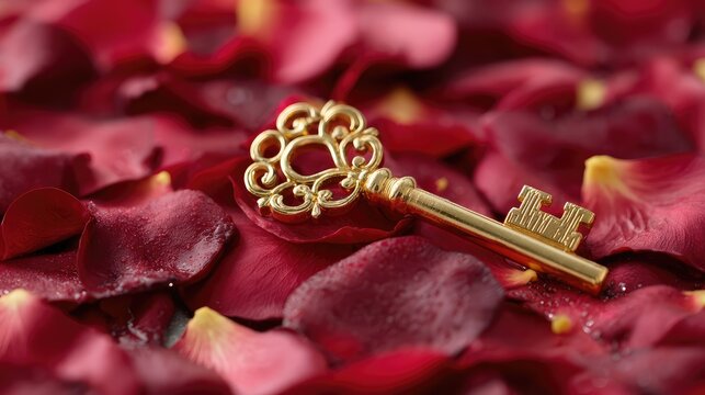 Golden key resting on vibrant rose petals, symbolizing love, romance, and new beginnings, perfect for wedding invitations, Valentine&rsquo;s Day themes, or heartfelt messages.