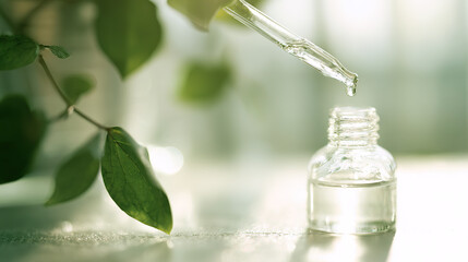 Close-up herbal oil drop scene with premium lighting and clean composition, ideal for wellness branding, skincare advertising, and natural healthcare visuals with strong copy space.