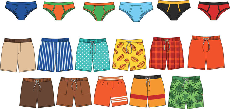 Men underwear and swim shorts vector collection with colorful briefs and beach boardshort designs