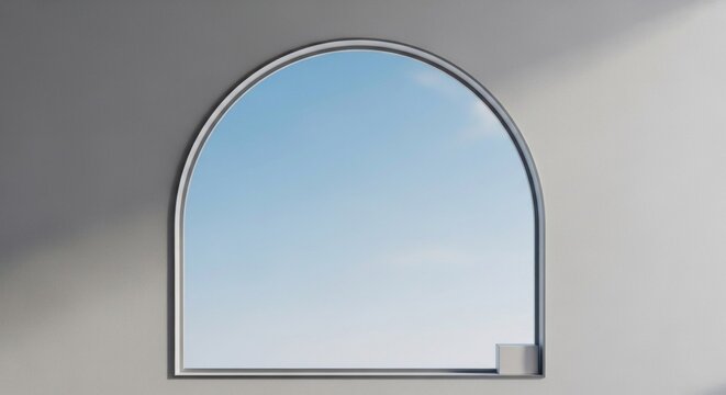 A large, arched window with a clear blue sky visible through it, casting a shadow on the adjacent wall.