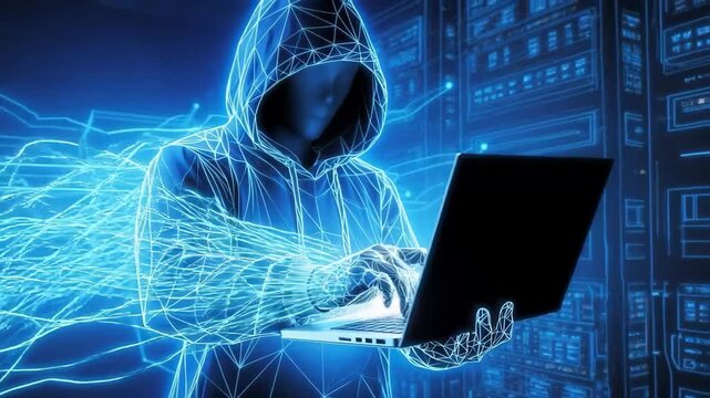 Hooded anonymous figure working on a laptop surrounded by glowing digital network lines and data streams, representing cybersecurity threats, hacking, and advanced cyber technology.