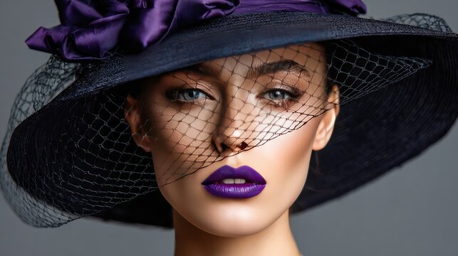 Elegant Woman in a Statement Hat with Dramatic Makeup and Bright Purple Lips, Glancing Portrait Against a Soft Gray Background, Fashion and Beauty Photography