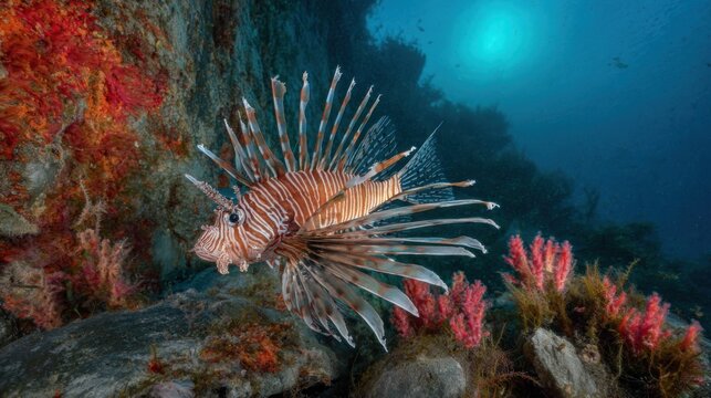 Elegant lionfish with venomous spines gracefully swimming in vibrant coral reef ecosystem