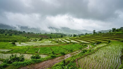 Obraz premium Terraced Rice Fields in Cloudy Landscape.