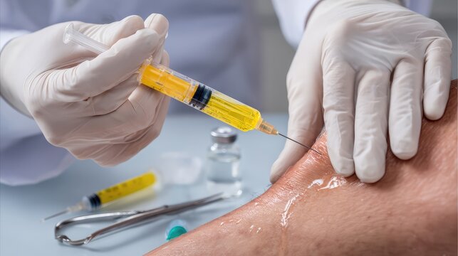 Medical professional administering injection with syringe into patient's arm, focusing on sterile procedure and careful handling of medication in a clinical environment