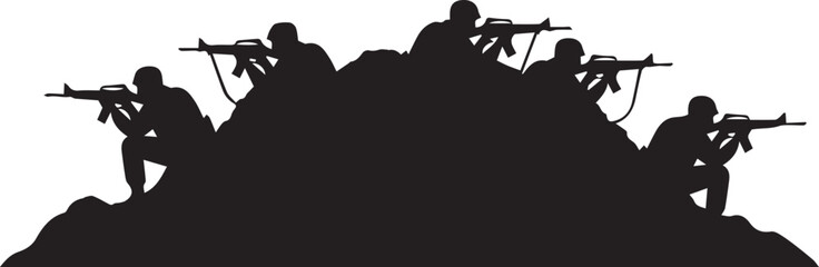 Obraz premium Military soldiers firing automatic rifles from bunker silhouette vector illustration design element