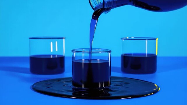 Dark blue liquid being poured into a beaker, with two others and a spill on a bright blue background