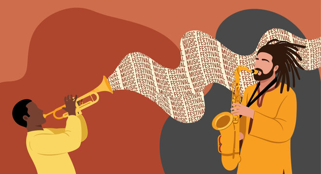 Vibrant Music Festival Illustration: Jazz Musicians Playing Trumpet and Saxophone