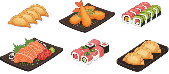Japanese Food Vector Set with Sushi Rolls Sashimi Salmon Tempura Shrimp Gyoza Dumplings and Traditional Asian Cuisine Dishes Isolated on White Background for Restaurant Menu Design © Shefali
