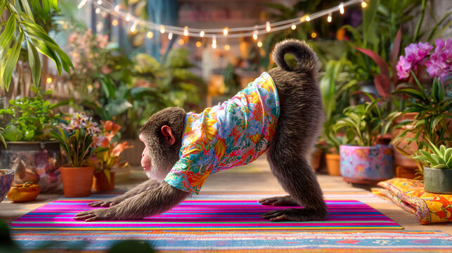 A monkey in a bright Hawaiian shirt is practicing yoga on a colorful mat in a home tropical garden.