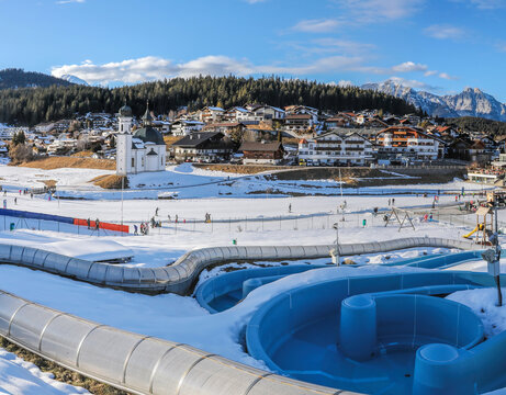 Winter panorama of Seefeld village with the church at sunset in in the Tyrolean Alps, Austria