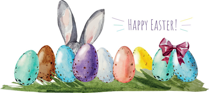 Easter bunny ears with easter eggs on meadow background banner transparent. Watercolor hand drawn vector illustration. Concept painted decorate, ornate eggs for Easter Egg Hunt Game, poster card flyer