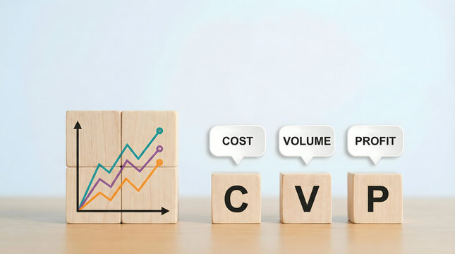 CVP analysis, cost volume profit concept with wooden blocks and graph