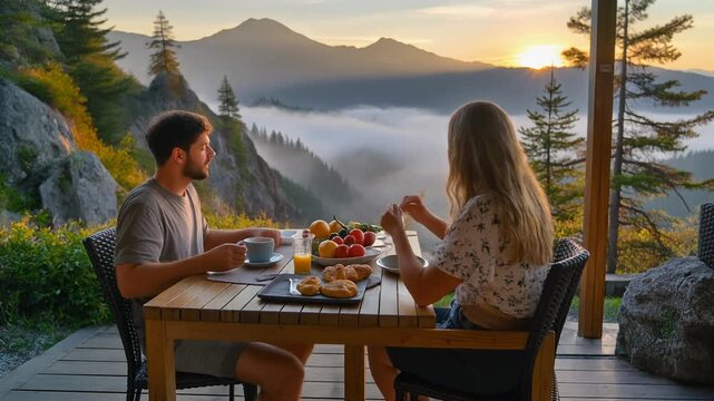 Couple enjoying romantic breakfast on outdoor patio overlooking mountain landscape at sunrise