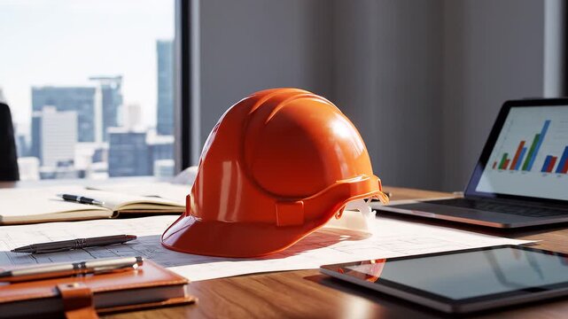 Construction planning with hard hat on office desk near cityscape, graphs on laptop
