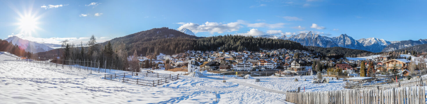 Winter panorama of Seefeld village at sunset in in the Tyrolean Alps, Austria