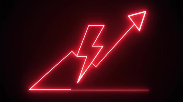 Red neon graph line with a lightning bolt symbol rising upwards on a dark background chart