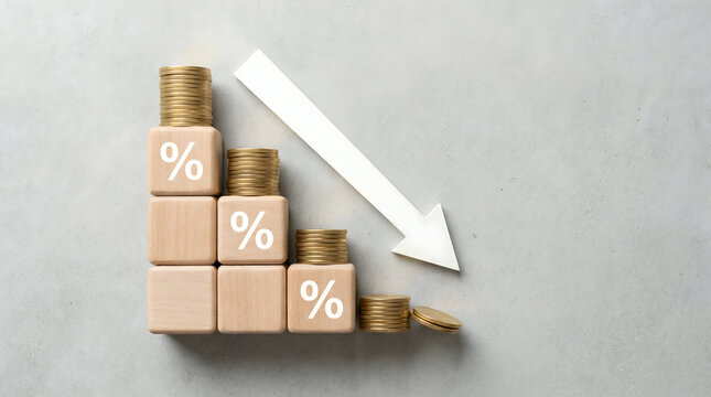 Decreasing interest rates concept with wooden blocks and coins