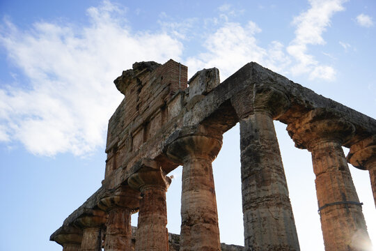 Ancient Greek Temple of Athena or Temple of Ceres. Ancient ruins. Paestum, Archaeological UNESCO World Heritage Site, Province of Salerno, Campania, Italy. 