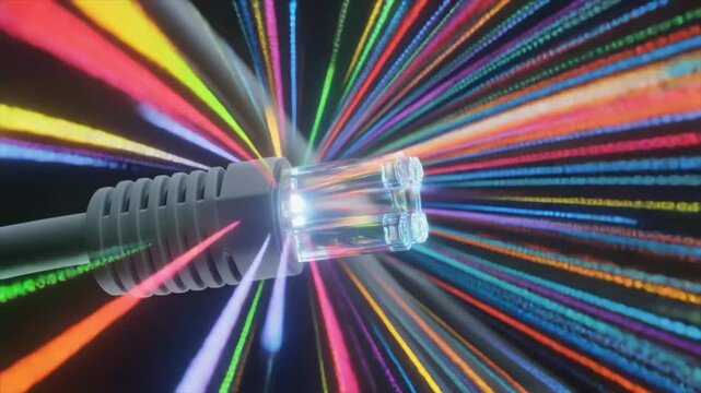 Close-up of Ethernet Network Cable Connector with Streaks of Colorful Data Transmission Keywords: network, ethernet, cable, connector, internet, technology, data, transmission, speed
