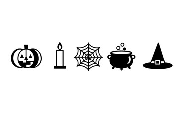Fototapeta premium A set of five minimalist Halloween icons featuring a pumpkin, candle, spider web, cauldron, and witch hat. The black and white line art is presented on a dark background.