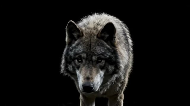 A majestic wolf profile against a stark black background, looking ahead
