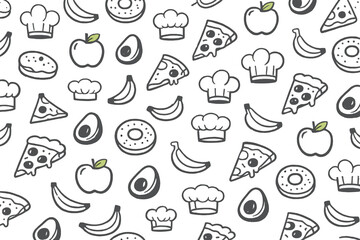 A seamless pattern featuring hand-drawn food icons like pizza, donuts, apples, and chef hats on a black background. This doodle style illustration is perfect for culinary themes.