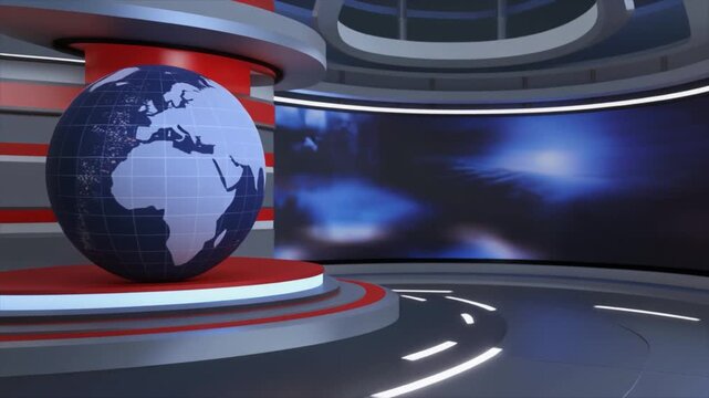 Modern News Studio Set with a Globe on a Pedestal and a Large Curved Screen Displaying a Blue Abstract Image