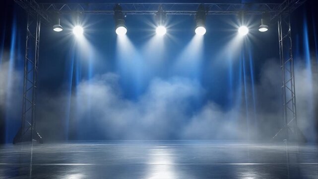 Empty stage with blue curtains, spotlights, and smoke effects, reflecting on a wet floor theater performance