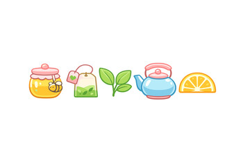 Fototapeta premium A row of cute cartoon icons featuring a honey jar with a bee, a tea bag, green leaves, a blue teapot, and a lemon slice, all set against a solid black background.