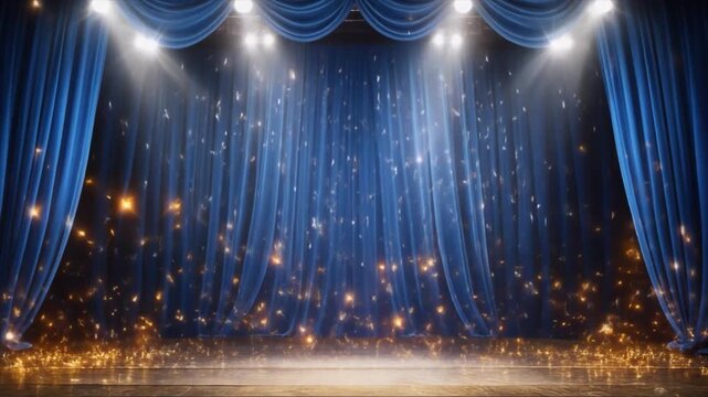 Stage with blue velvet curtains, spotlights, and falling gold confetti and sparks theater performance