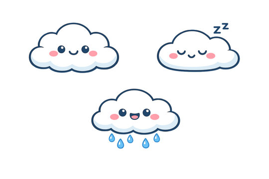 A set of three kawaii white clouds with expressive faces on a black background. One cloud smiles, another sleeps with zzz marks, and the third one is raining with a happy face.