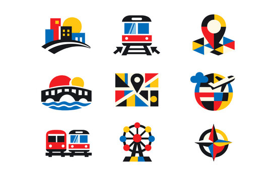 Set of nine geometric travel icons featuring a train, bridge, map pin, airplane, and ferris wheel in primary colors. Minimalist flat design elements for urban navigation and tourism.