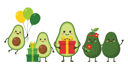 Cute cartoon avocados celebrating with gifts and balloons on a white background