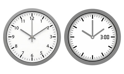Two distinct analog clocks displaying different times, perfect for timekeeping concepts, isolated on transparent background