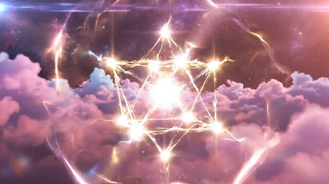 Glowing geometric shape floats amidst vibrant purple clouds and starry night sky, symbolizing spirituality and mysticism