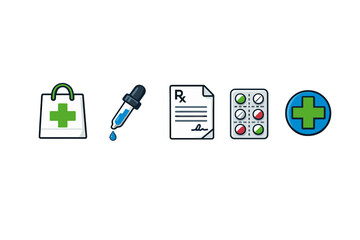 A collection of medical icons including a pharmacy bag, an eye dropper, a prescription form, a blister pack of pills, and a green cross symbol, all set against a solid black background.