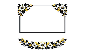 Obraz premium A black rectangular frame with white and yellow floral decorations in the corners and a matching curved flower garland below, set against a solid black background.