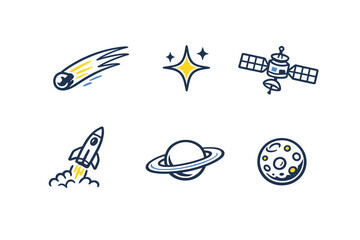 A collection of six space-themed icons featuring a comet, star, satellite, rocket, ringed planet, and cratered moon. The illustrations are set against a solid black background. © Mark