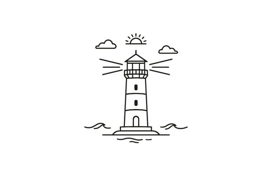 A minimalist line art illustration of a lighthouse standing on a small island amidst waves, with light beams shining, clouds, and a sun in the background on a black backdrop.