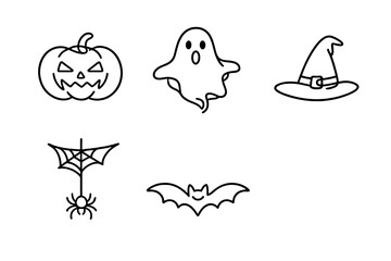 Fototapeta premium A set of five minimalist Halloween icons including a carved pumpkin, ghost, witch hat, spider on a web, and a bat, shown as white line art illustrations on a solid black background.