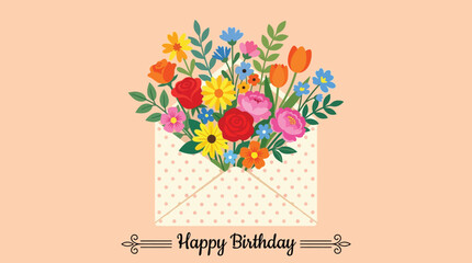Colorful flowers bouquet in envelope with Happy Birthday text