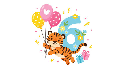 Adorable cartoon tiger holds balloons beside number six for 6th birthday