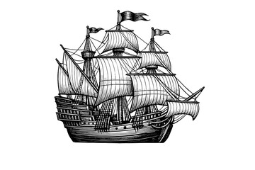 This detailed black and white engraving depicts a classic sailing ship with multiple masts and billowing sails, presented in a vintage woodcut style on a black background. © Mark