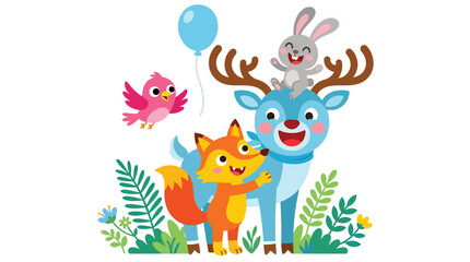 Happy cartoon forest animals deer fox rabbit and bird celebrating with a blue balloon
