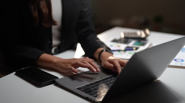 Close-up of a professional woman working on her laptop computer, typing on the keyboard and using the touchpad while sitting at her desk in a modern office with documents and a smartphone