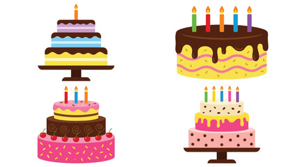 Collection of Four Colorful Tiered Birthday Cakes with Lit Candles Flat Design
